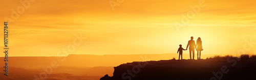 Newlywed couple standing hand in hand on a hilltop with a breathtaking landscape in the background. Perfect composition, silhouette shot during sunset, capturing love and tranquility.