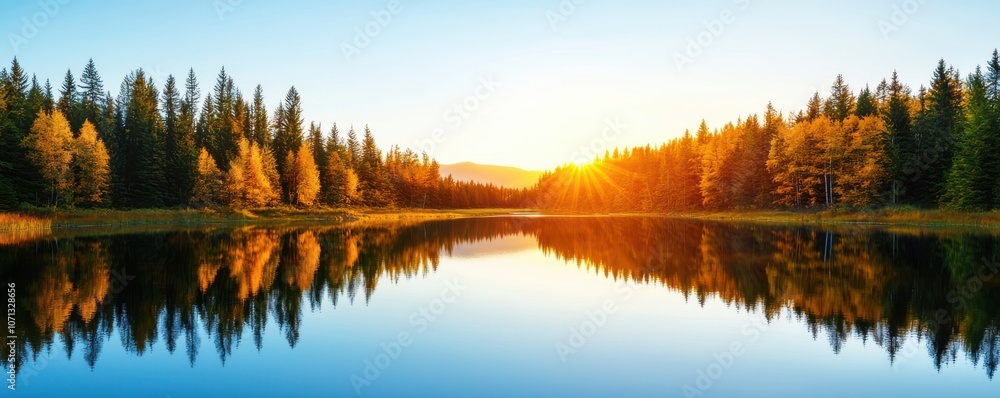 Obraz premium A serene landscape featuring a tranquil lake reflecting vibrant trees and a bright sunset, creating a peaceful natural scene.
