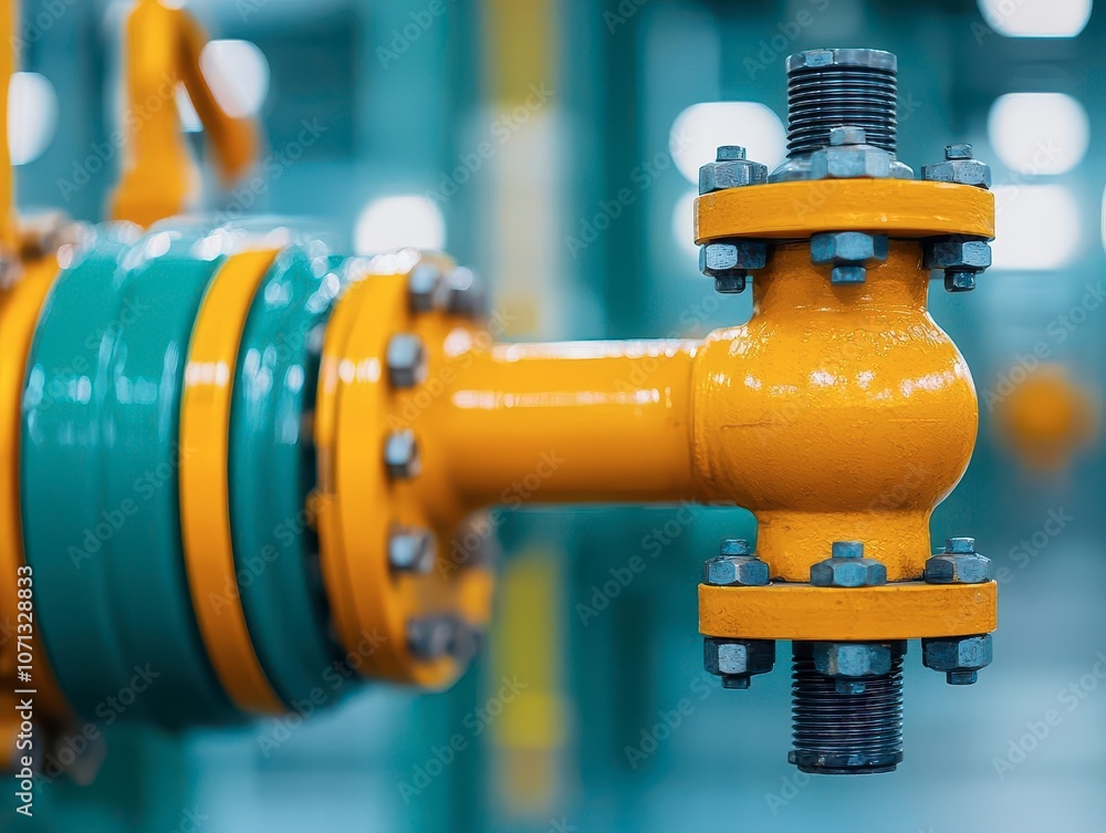 A close-up of a colorful industrial valve assembly showcasing metallic details and vibrant yellow, green, and blue colors. A close-up of a colorful industrial valve assembly showcasing metallic details and vibrant yellow, green, and blue colors.