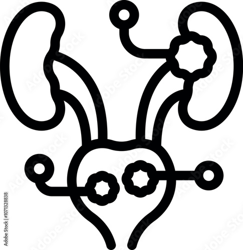 Urinary system being monitored, showing kidneys and bladder connected to medical equipment, measuring and collecting data