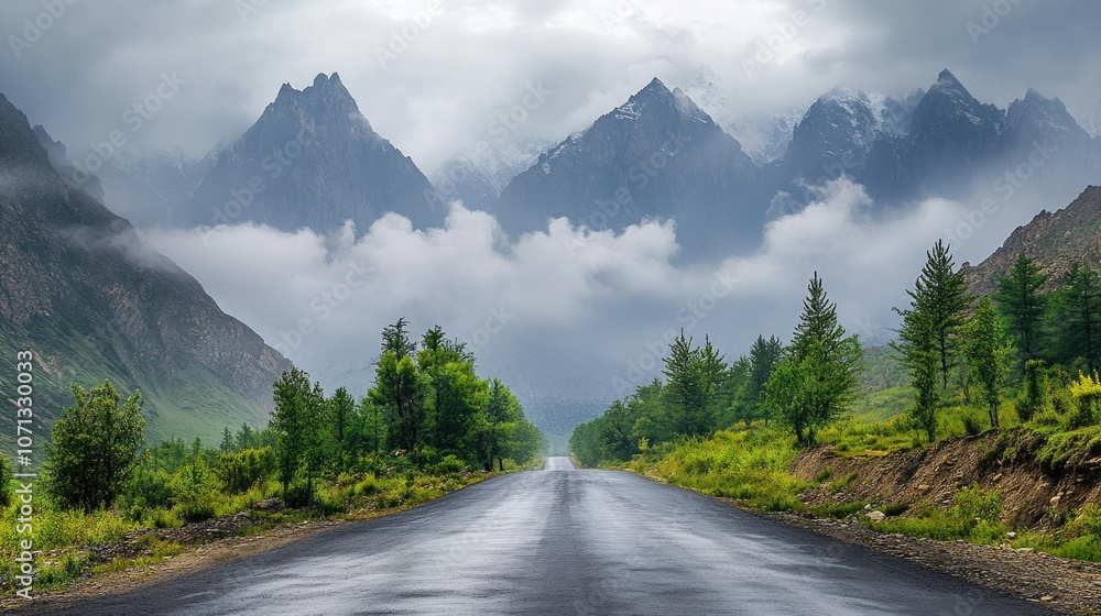 Naklejka premium Serene Road Through Misty Mountains and Lush Greenery