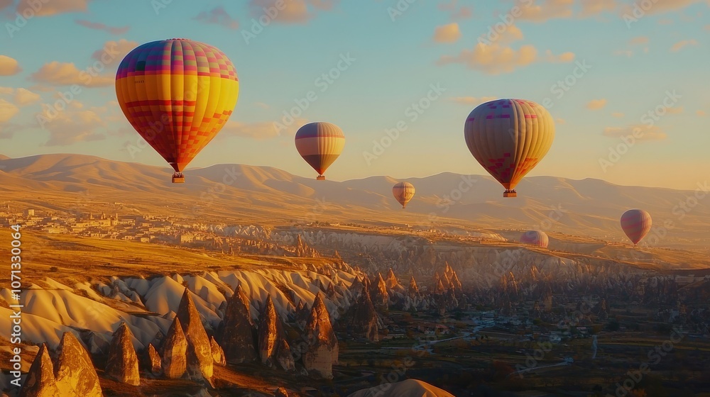 Obraz premium Colorful Hot Air Balloons in Scenic Landscape