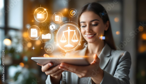 professional woman holds tablet, smiling as she interacts with digital icons representing law and justice. scene conveys modern approach to legal services