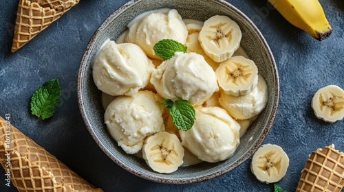 Creamy Banana Dessert in Bowl with Fresh Mint Garnish photo