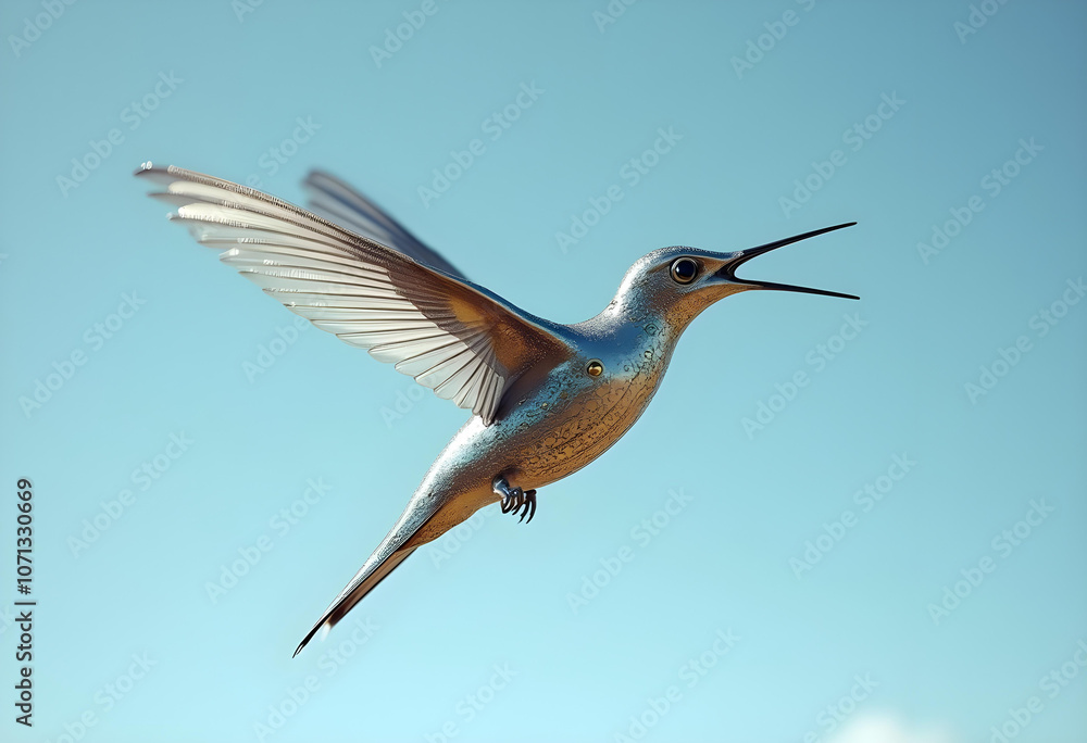Obraz premium vibrant bird in flight, showcasing its colorful feathers against clear blue sky. scene captures beauty of nature and grace of avian movement