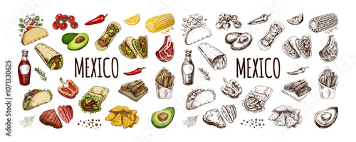 Hand-drawn colored and monochrome set of realistic mexican dishes and products. Vintage sketch drawings of Latin American cuisine.  Mexican culture.