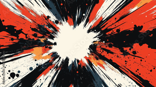 A vibrant comic-style depiction of a fiery explosion featuring intense orange and yellow flames bursting outward with radiant energy, surrounded by debris and dramatic streaks on a dark background. photo