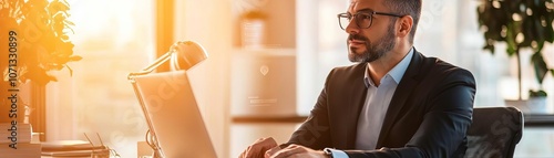 Business executive reviewing data privacy dashboard, professional office, warm lighting, high resolution