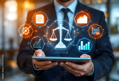Businessman holding tablet with legal icons, data analysis, and graphs, symbolizing justice and technology in law. modern approach to legal services