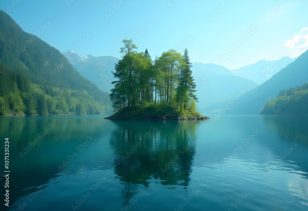 Fototapeta premium serene lake with small island surrounded by lush green trees and mountains in background creates tranquil atmosphere. calm water reflects vibrant greenery and blue sky beautifully