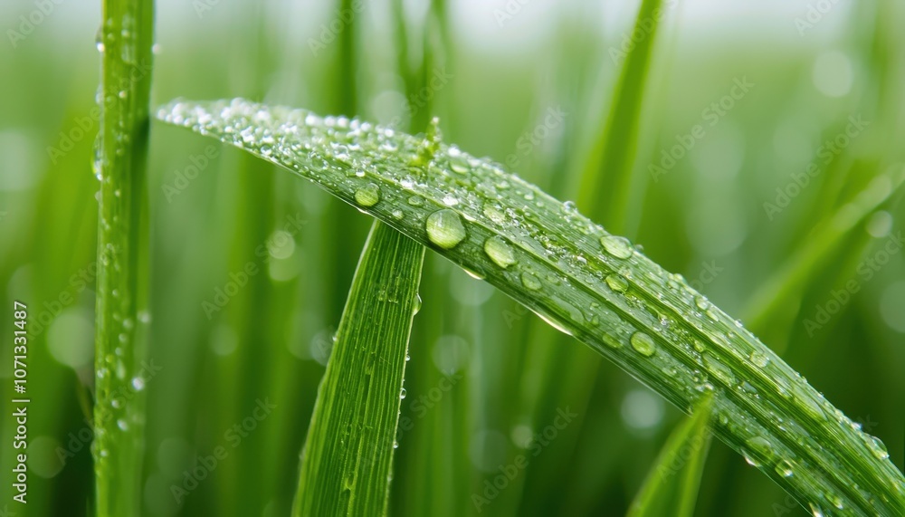 Naklejka premium A close-up image of dew-covered green grass, showcasing vibrant blades and droplets reflecting light, conveying freshness and natural beauty.