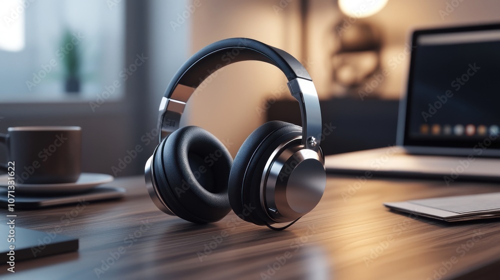 A pair of black headphones on a wooden desk in a home office. A pair of black headphones on a wooden desk in a home office.