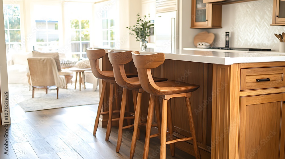 Three wooden bar stools stand in front of a kitchen island with a white countertop, wooden cabinets, and a black drawer pull. The stools are made of wood with a natural finish. Three wooden bar stools stand in front of a kitchen island with a white countertop, wooden cabinets, and a black drawer pull. The stools are made of wood with a natural finish.