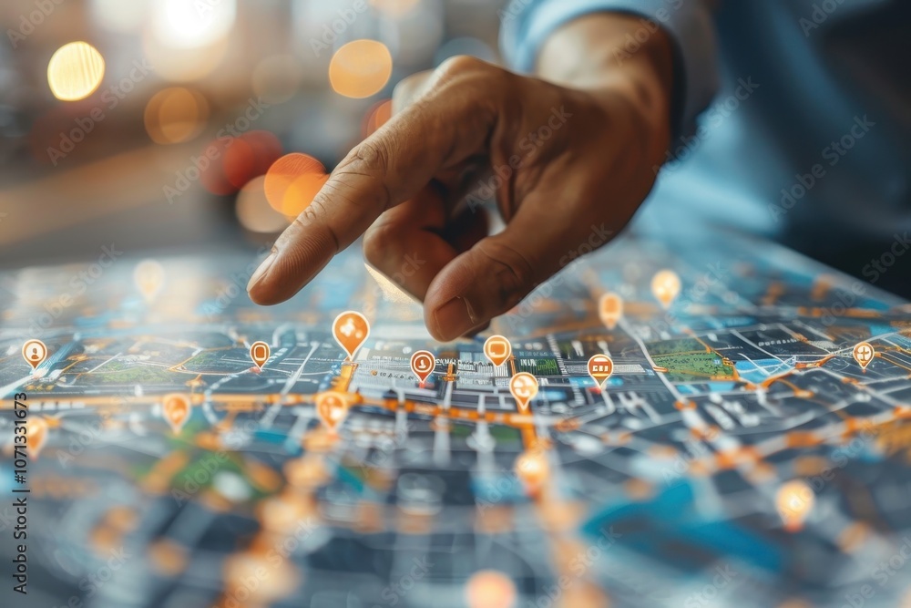 Naklejka premium Hand interacting with interactive city map on digital screen, concept of navigation and location tracking