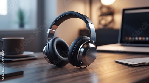 A pair of black headphones on a wooden desk in a home office.