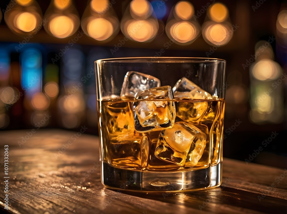 Glass of Whiskey with Ice on Wooden Bar Counter Glass of Whiskey with Ice on Wooden Bar Counter