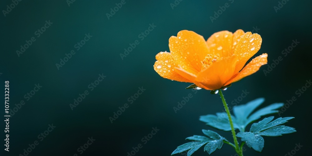 Fototapeta premium A vibrant orange flower with dew drops against a blurred dark green background, showcasing natural beauty and freshness.