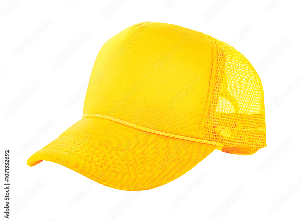 Fototapeta premium Yellow trucker cap isolated on white background, perfect for branding and promotional design.