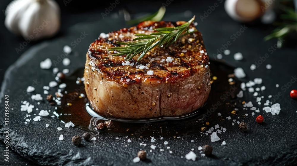 Grilled Steak with Herbs on Slate Plate Grilled Steak with Herbs on Slate Plate