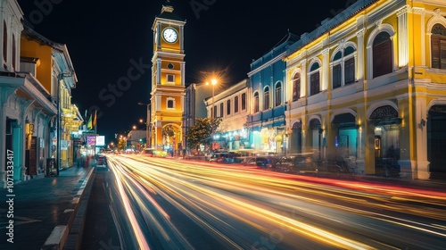 Nighttime Cityscape with Clock Tower and Light Trails