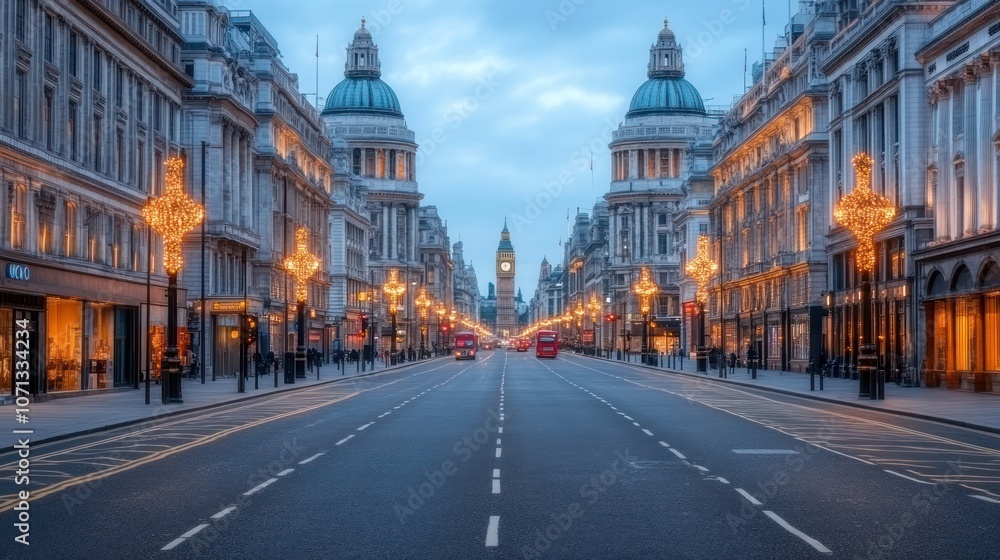 Naklejka premium Empty street with Big Ben in the background during the evening.