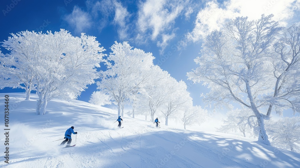 Winter Skiers in Snowy Landscape with Blue Sky Winter Skiers in Snowy Landscape with Blue Sky