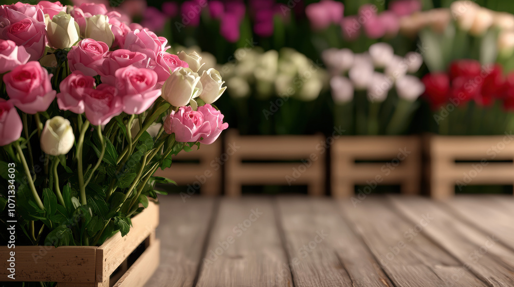 A vibrant display of pink and white roses in wooden crates, set against a blurred backdrop of colorful flowers. A vibrant display of pink and white roses in wooden crates, set against a blurred backdrop of colorful flowers.