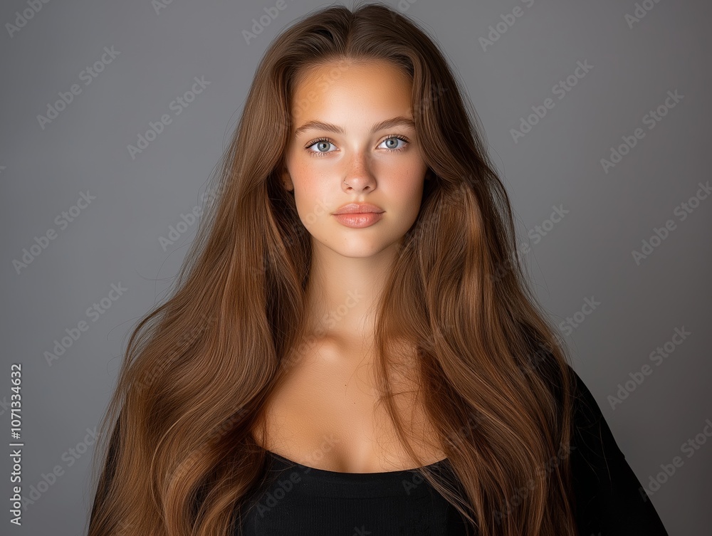 Naklejka premium portrait woman with makeup and a fashionable hairstyle poses in studio