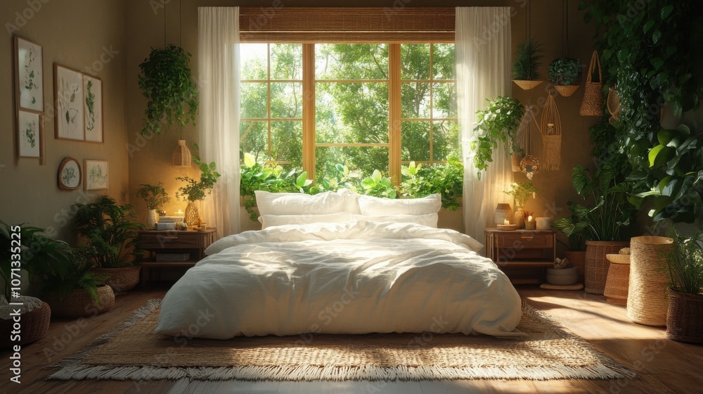 A Cozy and Inviting Natural Boho Bedroom Featuring White Linen Bedding and Soft Rugs Perfect for Relaxation and Aesthetic Living Spaces A Cozy and Inviting Natural Boho Bedroom Featuring White Linen Bedding and Soft Rugs Perfect for Relaxation and Aesthetic Living Spaces