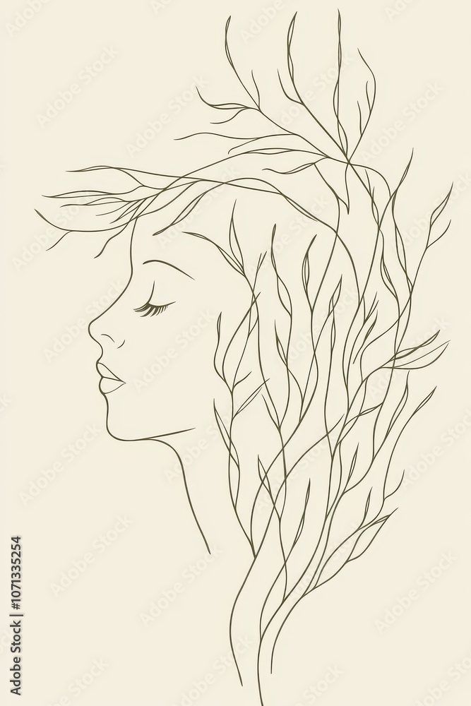 A minimal single line art of a woman with gentle willow branches cascading from her head, symbolizing grace and flexibility, hand-drawn style minimalist line art, beige colors and soft green tones A minimal single line art of a woman with gentle willow branches cascading from her head, symbolizing grace and flexibility, hand-drawn style minimalist line art, beige colors and soft green tones