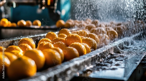 Oranges being washed on a conveyor belt in a factory. (1)