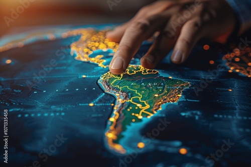 Global Business Strategy: Businessman Pointing at South America on Digital World Map
