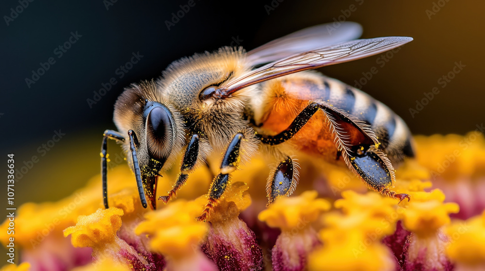 A close-up view of a bee collecting pollen from a vibrant flower, showcasing its intricate details and the beauty of nature. A close-up view of a bee collecting pollen from a vibrant flower, showcasing its intricate details and the beauty of nature.