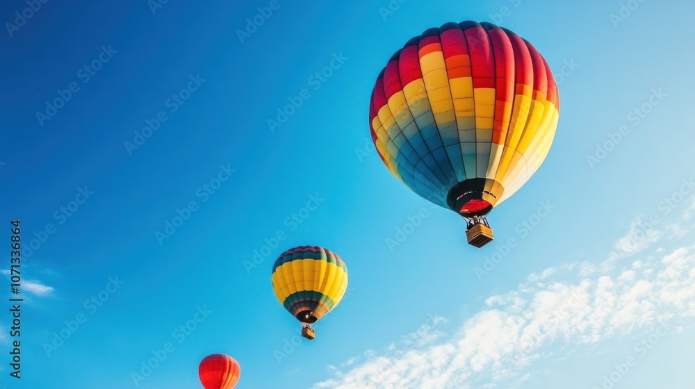 Naklejka premium Three colorful hot air balloons float in a blue sky with white clouds.