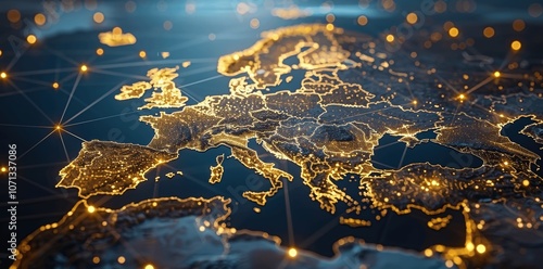 Digital Map of Europe with Global Network Connections Highlighting Middle East Region for Connectivity and Business Exchange