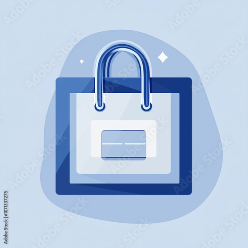 Blue shopping bag icon with credit card on light background.