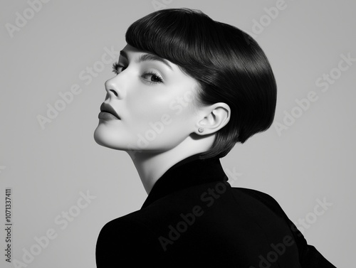 portrait woman with makeup and a fashionable hairstyle poses in studio