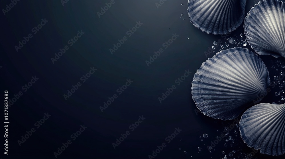 shells on a dark background. background with empty space for inscription texts and titles of desktop postcards shells on a dark background. background with empty space for inscription texts and titles of desktop postcards