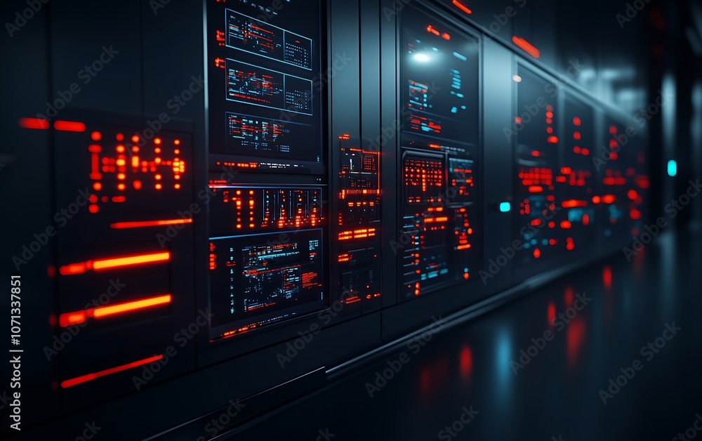 A high-tech server room illuminated by vibrant red and blue lights, showcasing advanced data processing equipment in a sleek, dark environment. A high-tech server room illuminated by vibrant red and blue lights, showcasing advanced data processing equipment in a sleek, dark environment.