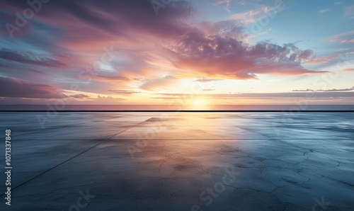 Fototapeta Naklejka Na Ścianę i Meble -  Panoramic view of empty asphalt rooftop parking lot at sunset with sea horizon