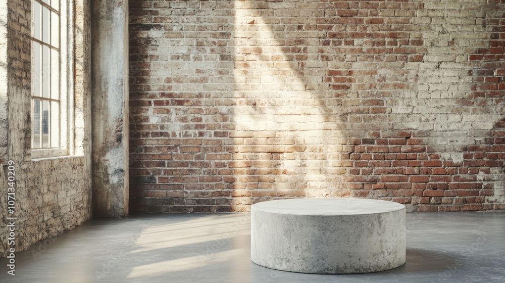 Minimalist concrete podium in a loft style room with brick wall, sunrays, and window. Minimalist concrete podium in a loft style room with brick wall, sunrays, and window.