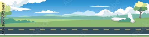 Landscape view of green hills for banner. Asphalt road near the meadow with green hills under clear sky. scattered trees and grass. Copy Space Flat Vector.