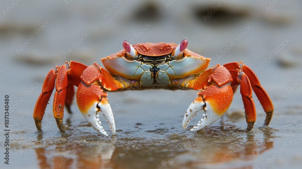 A close-up of a vibrant orange and white crab with prominent eyes, standing on muddy ground. A close-up of a vibrant orange and white crab with prominent eyes, standing on muddy ground.