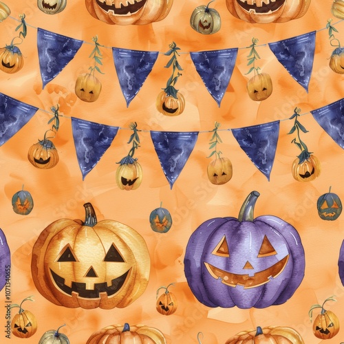 Cute Halloween Pumpkins and Purple Flags Pattern photo