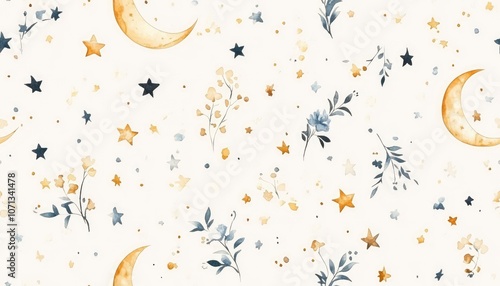 Watercolor seamless pattern with crescent moons, stars, and floral elements in soft blue and gold tones. photo