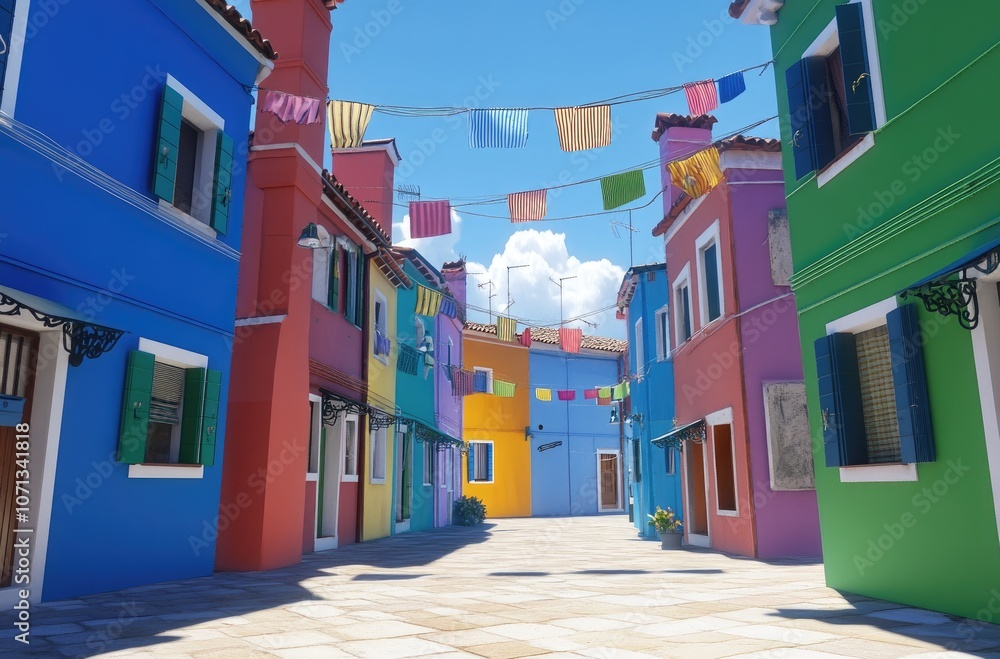 Obraz premium A colorful street in Burano with bright blue, green, and yellow buildings