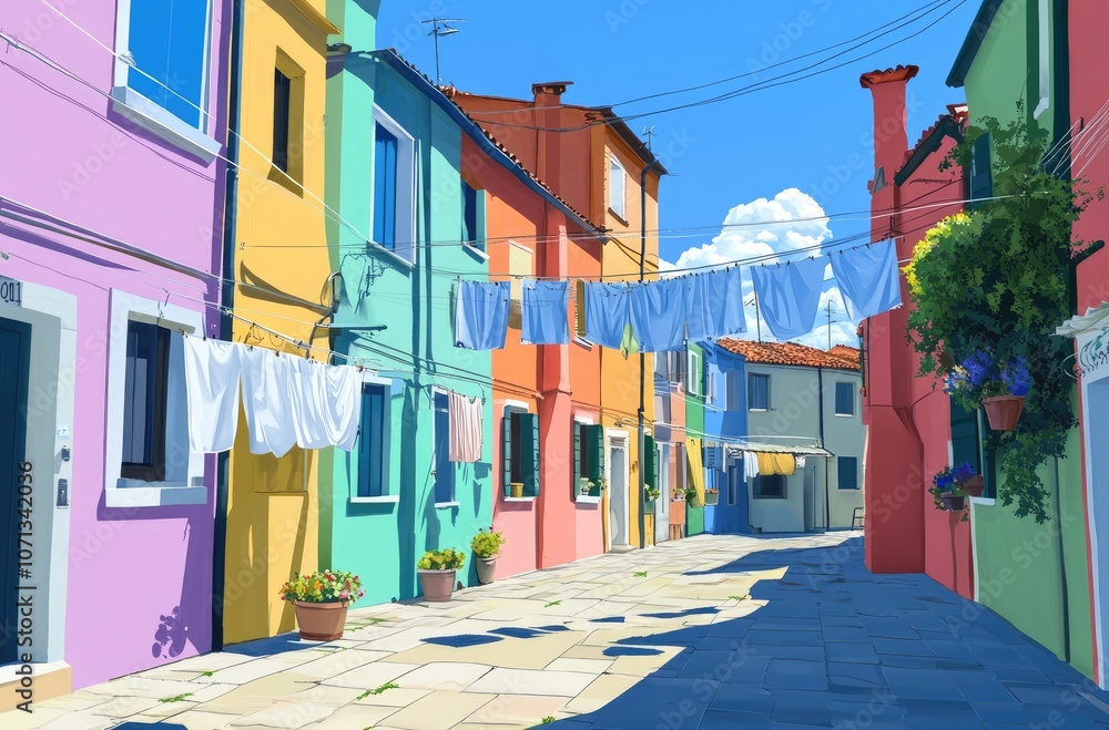 Obraz premium A colorful street in Burano with bright blue, green, and yellow buildings