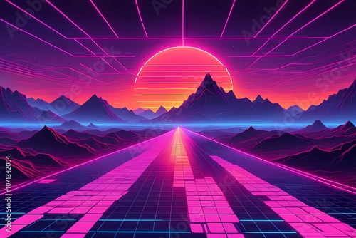 Retro-futuristic neon landscape, 1980s cyber aesthetic, digital sunset with grid and mountains.