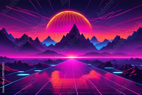 80s sci-fi landscape, vibrant neon colors, digital mountains, cyber grid, retro sunset
