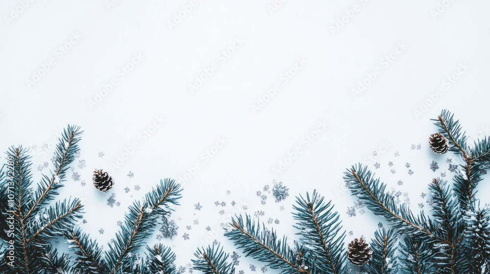 Obraz premium Winter Pine Branches with Snow and White Background
